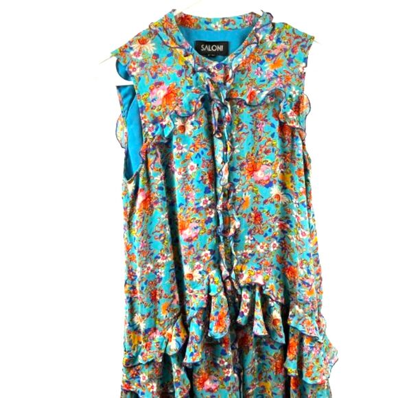 Saloni Silk Tilly Ruffle Mini Dress Turquoise Floral Print Size 4 Small - Picture 3 of 7
